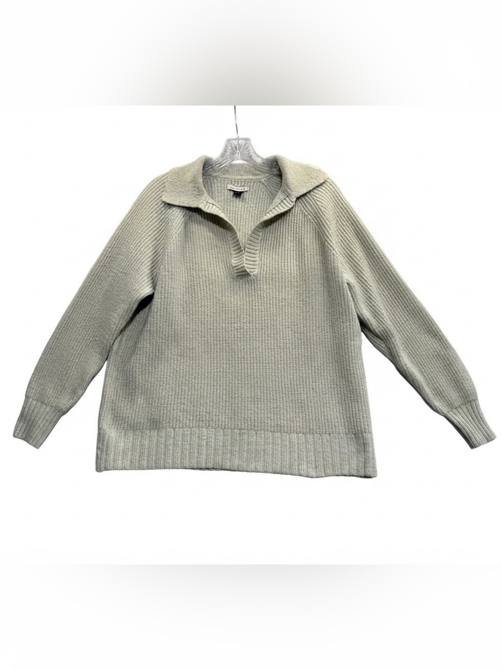 American Eagle Ribbed Collared V-Neck Sweater Grey/off-white/slight green hue